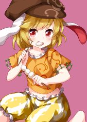 Rule 34 | 1girl, animal ears, barefoot, brown hat, cabbie hat, dango, eating, food, frilled pants, frills, hat, highres, holding, holding food, looking at viewer, open mouth, orange shirt, pants, pink background, rabbit ears, red eyes, ringo (touhou), ruu (tksymkw), shirt, short hair, short sleeves, simple background, solo, touhou, v-shaped eyebrows, wagashi, yellow pants