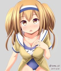 Rule 34 | 10s, 1girl, :o, blonde hair, blush, breasts, brown eyes, cleavage, collarbone, dated, hairband, i-26 (kancolle), kantai collection, leaning forward, light brown hair, long hair, looking at viewer, medium breasts, name tag, new school swimsuit, one-piece swimsuit, open clothes, open mouth, sailor collar, school swimsuit, solo, swimsuit, swimsuit under clothes, twitter username, two-tone hairband, two side up, yuzu tama