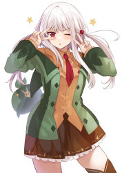 Rule 34 | 1girl, ;o, blurry, blush, brown skirt, brown thighhighs, collared shirt, commentary request, contrapposto, cowboy shot, depth of field, double v, dress shirt, frilled skirt, frills, green jacket, hands up, highres, jacket, long hair, long sleeves, looking at viewer, mahcdai, necktie, one eye closed, open clothes, open jacket, orange shirt, original, pleated skirt, red eyes, red necktie, shirt, sidelocks, simple background, skirt, solo, standing, star (symbol), thighhighs, two side up, v, v-shaped eyebrows, white background, white hair, wing collar