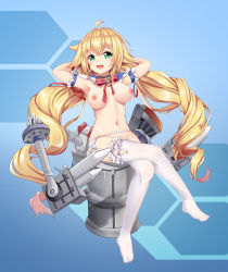 Rule 34 | :d, ahoge, armpits, arms behind head, azur lane, blonde hair, blush, breasts, capelet, choker, cross, cross earrings, crucifix, earrings, frilled thighhighs, frills, garter belt, garter straps, green eyes, highres, jewelry, le temeraire (azur lane), legs, long hair, machinery, navel, nipples, open mouth, sitting, skirt, smile, solo, the hermit, thighhighs, topless, twintails, very long hair, white thighhighs