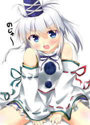 Rule 34 | 1girl, ahoge, bare shoulders, blue eyes, blush, detached sleeves, female focus, hat, head tilt, high collar, japanese clothes, kuzumomo, legs apart, mononobe no futo, open mouth, pom pom (clothes), ponytail, ribbon, shadow, short hair, silver hair, simple background, sitting, sleeves past wrists, solo, spread legs, tate eboshi, touhou, v arms, white background