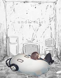 Rule 34 | androgynous, brown hair, computer, copyright name, closed eyes, frisk (undertale), gender request, ghost, headphones, lying, namie-kun, napstablook, o o, refrigerator, static, television, undertale