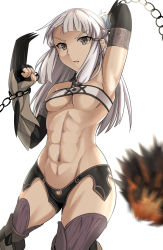 Rule 34 | 1girl, abs, armpits, berserker of el dorado, braid, breasts, chain, cowboy shot, detached collar, elbow gloves, fate/grand order, fate (series), gloves, gluteal fold, long hair, looking at viewer, muscular, muscular female, navel, parted lips, penthesilea (fate), shiseki hirame, shorts, silver hair, simple background, solo, standing, thighhighs, throwing, underboob, weapon, white background