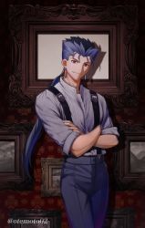 Rule 34 | 1boy, absurdres, alternate costume, artist name, blue hair, cowboy shot, crossed arms, cu chulainn (caster) (fate), cu chulainn (fate), cu chulainn (fate/stay night), earrings, fate/grand order, fate/stay night, fate (series), formal, framed, framed image, highres, jewelry, light, long hair, looking at viewer, male focus, moto (otemoto02), open clothes, open shirt, pants, picture frame, ponytail, red eyes, shadow, smile, solo, strap, upper body