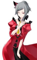 Rule 34 | 1girl, between breasts, breasts, caladrius, cleavage, dress, grey hair, milia marivene, necktie, necktie between breasts, official art, red dress, red eyes, ribbon, simple background, solo, torn clothes, torn dress, yasuda suzuhito