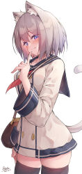 Rule 34 | 1girl, animal ear fluff, animal ears, artist name, bag, black thighhighs, blue eyes, blue sailor collar, borrowed character, cat ears, cat girl, cat tail, closed mouth, commentary request, dated, e-note, grey hair, hair between eyes, highres, index finger raised, light smile, long sleeves, looking at viewer, original, sailor collar, school uniform, shirt, short hair, simple background, smile, solo, tail, thighhighs, thighs, white background, white shirt