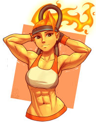 Rule 34 | 1girl, abs, absurdres, arms up, dripping, fiery hair, fire, green eyes, highres, midriff, muscular, muscular female, mykegreywolf, nintendo, orange hair, pointy ears, ponytail, ring (ring fit adventure), ring fit adventure, ring fit trainee, ring fit trainee (female), smile, sweat, trembling, upper body