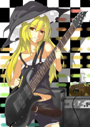 Rule 34 | 1girl, alternate costume, amplifier, bass guitar, blonde hair, electric guitar, guitar, haseneko, hat, instrument, kirisame marisa, long hair, midriff, parted lips, smile, solo, touhou, witch hat, yellow eyes