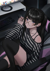 Rule 34 | 1girl, absurdres, adjusting eyewear, bare shoulders, black hair, black thighhighs, blue eyes, blush, chair, closed mouth, computer, expressionless, glasses, hand up, highres, indoors, jewelry, keyboard (computer), kit, knee up, long hair, long sleeves, looking at viewer, mouse (computer), nail polish, necklace, off shoulder, original, shirt, sitting, solo, spaghetti strap, striped clothes, striped shirt, table, thighhighs, twintails