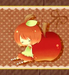 Rule 34 | 1girl, absurdres, apple, blush, brown hair, character request, closed eyes, copyright request, food, fruit, heart, highres, leaf, mike (mikeneko), mini person, minigirl, ribbon, short hair, sitting, solo