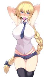 Rule 34 | 1girl, armpits, arms up, bare shoulders, black thighhighs, blonde hair, blouse, blue eyes, blush, braid, breasts, condom, condom in mouth, cowboy shot, fate/apocrypha, fate/grand order, fate (series), halcon, highres, huge breasts, jeanne d&#039;arc (fate), jeanne d&#039;arc (girl from orleans) (fate), jeanne d&#039;arc (ruler) (fate), long hair, looking at viewer, micro shorts, mouth hold, necktie, panties, shirt, shorts, simple background, single braid, skindentation, sleeveless, solo, standing, thighhighs, underwear, very long hair, wet, white background, white shirt