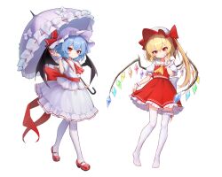 Rule 34 | 2girls, absurdres, arm up, ascot, back bow, bat wings, blonde hair, blue hair, bow, bridal garter, buttons, cho kagaku no rei kyoju, closed mouth, collared shirt, crystal, flandre scarlet, frilled shirt collar, frilled skirt, frilled sleeves, frilled umbrella, frills, hat, hat bow, hat ribbon, head tilt, highres, holding, holding umbrella, large bow, long hair, looking at viewer, mary janes, mob cap, multicolored wings, multiple girls, no shoes, one side up, puffy short sleeves, puffy sleeves, purple umbrella, red ascot, red bow, red eyes, red footwear, red ribbon, red skirt, red vest, remilia scarlet, ribbon, shirt, shoes, short sleeves, siblings, simple background, sisters, skirt, skirt set, sleeve ribbon, thighhighs, touhou, umbrella, vest, white background, white bow, white headwear, white shirt, white skirt, white thighhighs, wings, wrist cuffs, yellow ascot