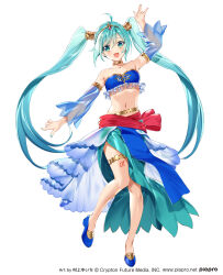 Rule 34 | aqua eyes, aqua hair, arabian clothes, artist request, breasts, detached sleeves, dress, full body, gold, hatsune miku, highres, medium breasts, nails, navel, open mouth, shoes, skirt, smile, source request, twintails, vocaloid, white background