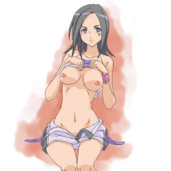Rule 34 | 1girl, artist request, bare shoulders, black eyes, black hair, breasts, clothes lift, covered erect nipples, eureka seven, eureka seven (series), facial mark, female focus, gradient background, groin, hat, large breasts, long hair, looking at viewer, lowres, midriff, navel, nipples, no bra, open fly, shirt lift, shorts, simple background, sitting, solo, talho yuuki, tattoo, thigh gap, unzipped