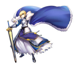 Rule 34 | 1girl, ahoge, armor, armored dress, artoria pendragon (fate), blonde hair, blue cape, blue dress, blue ribbon, cape, dress, excalibur (fate/stay night), fate/stay night, fate (series), full body, gauntlets, green eyes, hair between eyes, hair ribbon, highres, holding, holding sword, holding weapon, ribbon, saber (fate), short hair, simple background, solo, standing, sword, todee, weapon, white background