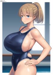 Rule 34 | 1girl, blue eyes, blue one-piece swimsuit, blush, border, breasts, brown hair, collarbone, competition swimsuit, covered navel, cowboy shot, dated, hair between eyes, hands on own hips, highleg, highleg swimsuit, highres, huge breasts, impossible clothes, impossible swimsuit, indoors, intrepid (kancolle), kantai collection, looking at viewer, one-piece swimsuit, ponytail, pool, shiromaru (maniado), sideboob, solo, swimsuit, twitter username, water, white border, window