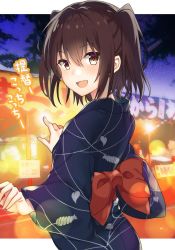 Rule 34 | 1girl, :d, blue kimono, brown eyes, brown hair, food stand, from side, japanese clothes, kantai collection, kimono, looking at viewer, obi, open mouth, sash, sendai (kancolle), smile, solo, translation request, two side up, upper body, yatai, yukata, yuzuttan