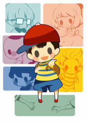 Rule 34 | 1girl, 6+boys, backpack, bag, bandana around neck, black hair, blue shorts, blush stickers, bow, bowtie, braid, brown bag, clenched hand, freckles, hair bow, hitofutarai, jeff andonuts, lucas (mother 3), mother (game), mother 1, mother 2, mother 3, multiple boys, ness (mother 2), ninten, nintendo, outstretched arm, own hands together, paula (mother 2), poo (mother 2), porky minch, reaching, reaching towards viewer, red footwear, red headwear, shirt, shorts, sideways hat, smile, socks, solid oval eyes, striped clothes, striped shirt, white socks, wrinkled skin