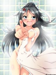 Rule 34 | 10s, 1girl, anger vein, angry, black hair, blue eyes, blush, breasts, covering privates, embarrassed, hair ribbon, kantai collection, katsuragi (kancolle), kumichou (nakasato-gumi), long hair, looking at viewer, messy hair, naked towel, nude cover, open mouth, pointing, pointing at viewer, ponytail, ribbon, small breasts, solo, towel