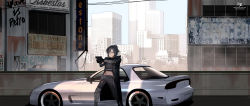 Rule 34 | 1girl, ad, aiming, angelia (girls&#039; frontline), belt pouch, black hair, black jacket, building, car, city, cityscape, day, girls&#039; frontline, gloves, gun, hair over one eye, handgun, highres, holding, holding gun, holding weapon, injury, jacket, long jacket, mazda rx-7, mazda rx-7 fd, mechanical arms, mechanical legs, midriff, motor vehicle, navel, open clothes, open jacket, outdoors, pants, pouch, prosthesis, salty eyes, scar, sign, single mechanical arm, single mechanical leg, solo, sports car, vehicle focus, vehicle request, weapon