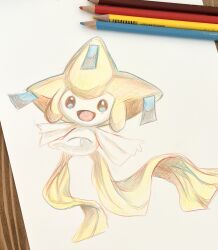 Rule 34 | 1other, black eyes, blue eyes, colored pencil (medium), colored skin, creatures (company), full body, game freak, gen 3 pokemon, happy, highres, jirachi, legendary pokemon, multicolored eyes, mythical pokemon, neverland+, nintendo, open mouth, other focus, outstretched arms, pencil, photo (medium), pokemon, pokemon (creature), simple background, sketch, smile, solo, spread arms, traditional media, white background, white skin