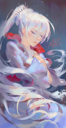 Rule 34 | 1girl, dated, dress, closed eyes, hair ornament, jewelry, lamier, long hair, necklace, nose, ponytail, rwby, solo, very long hair, weiss schnee, white hair