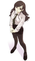 Rule 34 | 1girl, brown eyes, brown hair, female focus, from above, glasses, kikuko (kazu), legs, long hair, mary janes, miniskirt, mk (mod0), necktie, office lady, open mouth, original, pantyhose, pencil skirt, shoes, skirt, solo, standing, v arms, white background