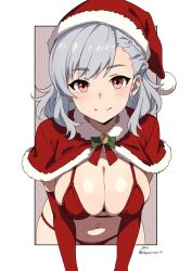 Rule 34 | 1girl, asymmetrical bangs, bikini, breasts, capelet, cleavage, closed mouth, commentary, elbow gloves, formal, fur-trimmed capelet, fur-trimmed headwear, fur trim, girls&#039; frontline, gloves, grey hair, hat, highres, long hair, looking at viewer, machineh, machinehead, medium breasts, nalathorm, navel, red bikini, red capelet, red eyes, red gloves, red hat, santa hat, smile, solo, spas-12 (girls&#039; frontline), suit, swimsuit, twitter username