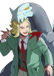Rule 34 | 1boy, baxcalibur, blonde hair, blush, closed eyes, collared shirt, commentary request, creatures (company), game freak, green jacket, hand up, hassel (pokemon), jacket, long sleeves, male focus, mon! (monmonlezard), necktie, nintendo, open clothes, open jacket, open mouth, pants, parted bangs, pokemon, pokemon (creature), pokemon sv, red necktie, shirt, teeth, tongue, vest, white background