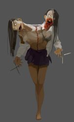 Rule 34 | attall, barefoot, black hair, blood, breasts, conjoined, creepy, guro, hair over one eye, highres, long hair, nanbo ataru (attall), no pupils, open clothes, open mouth, open shirt, original, scissors, shirt, sideboob, simple background, skirt, small breasts, stitches, zombie