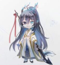 Rule 34 | 1boy, animal ears, black eyes, black footwear, black hair, blue eyes, chinese clothes, closed mouth, coat, dragon ears, dragon horns, dragon tail, e.g.o (project moon), full body, gold trim, guan dao, hanfu, heterochromia, holding, holding polearm, holding weapon, hong lu (project moon), horns, huanxue, limbus company, long hair, long sleeves, looking at viewer, pointy ears, polearm, project moon, shoes, simple background, smile, solo, tail, very long hair, weapon, white background, white coat, wide sleeves