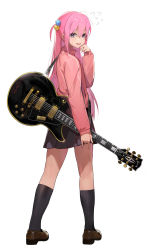 Rule 34 | 1girl, black socks, blue eyes, bocchi the rock!, cube hair ornament, dfm (darknessdfm), electric guitar, flying sweatdrops, from behind, full body, glint, gotoh hitori, guitar, hair between eyes, cube hair ornament, hair ornament, highres, holding, holding instrument, instrument, jacket, kneepits, loafers, long hair, looking at viewer, open mouth, pink hair, pink jacket, pleated skirt, shoes, simple background, skirt, socks, solo, strap, sweat, white background, zipper