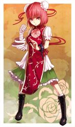 Rule 34 | 1girl, bandages, bob cut, boots, bun cover, chain, clenched hand, cross-laced footwear, cuffs, double bun, false arm, false limb, female focus, fighting stance, flower, hair bun, ibaraki kasen, kneehighs, lace-up boots, lips, looking at viewer, nosuku, pink eyes, pink flower, pink hair, pink rose, ribbon, rose, shackles, shirt, short hair, skirt, socks, solo, standing, tabard, touhou, white socks