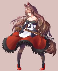 Rule 34 | 1girl, animal ear fluff, animal ears, bare shoulders, black pantyhose, bolt action, breasts, brown hair, cleavage, collarbone, dress, gun, highres, imaizumi kagerou, karabiner 98k, long hair, looking away, mauser 98, nama shirasu, pantyhose, profile, red eyes, rifle, simple background, small breasts, tail, touhou, weapon, wolf ears, wolf tail