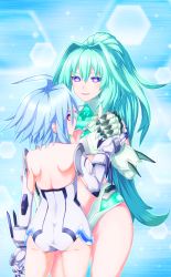 Rule 34 | 2girls, ahoge, ass, back, backless outfit, bare shoulders, blanc (neptunia), blue hair, breasts, cowboy shot, elbow gloves, from behind, gauntlets, gloves, green hair, green heart (neptunia), height difference, highres, large breasts, leotard, long hair, looking at viewer, looking back, multiple girls, neptune (series), open mouth, ponytail, power symbol-shaped pupils, purple eyes, red eyes, short hair with long locks, smile, symbol-shaped pupils, thighhighs, thighs, up (mmmmmmmmss), vert (neptunia), very long hair, white heart (neptunia)