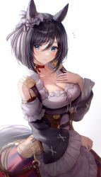 Rule 34 | 1girl, animal ears, black hair, blue eyes, blush, bob cut, breasts, detached sleeves, dirndl, eishin flash (umamusume), from side, german clothes, hand on own chest, highres, horse ears, horse girl, horse tail, large breasts, looking at viewer, looking to the side, scrunchie, shirt, short hair, simple background, solo, tail, umamusume, white background, white scrunchie, white shirt, yoimoriyoru