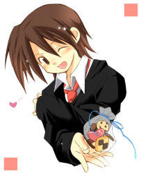 Rule 34 | 00s, 1girl, ;d, akashi yuuna, androgynous, bag, blush, brown eyes, brown hair, collared shirt, cookie, food, long sleeves, looking at viewer, lowres, mahou sensei negima!, one eye closed, open mouth, shirt, sleeves past wrists, smile, solo, transparent, upper body, wawaway, white shirt
