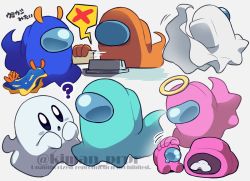 Rule 34 | :o, ?, among us, blue (among us), blush stickers, card, child, commentary request, copy ability, crewmate (among us), crossover, crying, full body, ghost, ghost kirby, green (among us), halo, helmet, holding, kiman, kirby, looking at another, mini crewmate (among us), no humans, open mouth, orange (among us), pink (among us), simple background, sitting, slug, space helmet, spacesuit, speech bubble, trait connection, walking, watermark, white (among us), white background