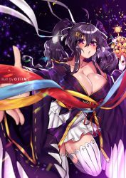 Rule 34 | 1girl, ahoge, breasts, cleavage, commentary, copyright name, english commentary, hair ribbon, holding, huge breasts, japanese clothes, kimono, long sleeves, looking at viewer, nyarla (osiimi), original, osiimi, parted lips, pleated skirt, purple eyes, purple hair, ribbon, skirt, solo, thighhighs, twintails, white ribbon, white skirt, white thighhighs, wide sleeves