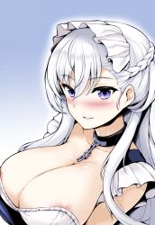 Rule 34 | areola slip, azur lane, belfast (azur lane), blue eyes, blush, breasts, chain, cleavage, collar, colorized, large breasts, looking at viewer, maid, maid headdress, silver hair, smile, third-party edit, uni8