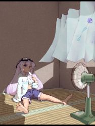 Rule 34 | 1girl, barefoot, curtains, daikon (suika), denim, denim shorts, electric fan, hand fan, feet, goggles, goggles on head, highres, hot, letterboxed, long hair, original, popsicle, purple eyes, purple hair, shorts, sitting, soles, solo, tatami, wind chime