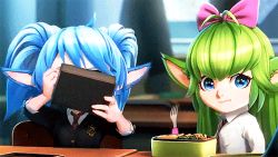 Rule 34 | 2girls, 3d, animal ears, animated, blue eyes, blue hair, bow, eating, fang, fork, green hair, league of legends, lowres, lulu (league of legends), multiple girls, poppy (league of legends), school uniform, star guardian (league of legends), star guardian lulu, star guardian poppy, twintails, yordle