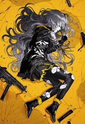 Rule 34 | 1girl, boots, cable, damaged, exoskeleton, fingerless gloves, girls&#039; frontline, gloves, gun, h&amp;k ump, h&amp;k ump, hair between eyes, heckler &amp; koch, hood, hood down, hooded jacket, jacket, limited palette, long hair, looking at viewer, lying, missing limb, on side, one side up, pantyhose, pouch, scar, scar across eye, scar on face, silence girl, skirt, smile, submachine gun, surpressor, torn clothes, ump45 (girls&#039; frontline), weapon, yellow eyes