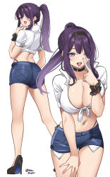 Rule 34 | 1girl, ;d, absurdres, april (pinepin), ass, black choker, black footwear, blue eyes, breasts, choker, cleavage, commentary, crop top, denim, denim shorts, hair over one eye, hand up, high heels, highres, index finger raised, large breasts, long hair, looking at viewer, midriff, multiple views, nail polish, navel, navel piercing, one eye closed, open mouth, original, piercing, pinepin, ponytail, purple hair, purple nails, shirt, short shorts, short sleeves, shorts, simple background, smile, standing, stomach, thighs, tied shirt, white background, white shirt, wrist cuffs