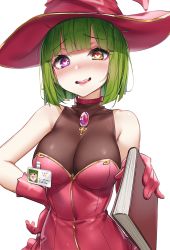 Rule 34 | 1girl, absurdres, bare shoulders, blush, book, breasts, choker, cleavage, collarbone, dress, gem, gloves, green hair, hand on own hip, hat, heart, heart-shaped pupils, heterochromia, highres, holding, holding book, large breasts, looking at viewer, name tag, nose blush, open mouth, original, pink choker, pink dress, pink gloves, pink hat, purple eyes, saliva, see-through, short hair, simple background, smile, solo, symbol-shaped pupils, wet.elephant, white background, witch hat, yellow eyes, zipper pull tab