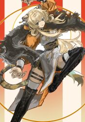 Rule 34 | 1girl, animal ears, arknights, black footwear, blonde hair, boots, breasts, brown eyes, chinese clothes, commentary request, dress, du yaoye (arknights), feather boa, foot out of frame, gradient background, hand up, highres, jacket, knee up, long hair, looking at viewer, medium breasts, nanataru10, orange jacket, pelvic curtain, red background, smile, solo, striped, striped background, tail, thigh boots, thigh strap, thighhighs, tiger ears, tiger girl, tiger tail, white dress, white thighhighs