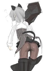 Rule 34 | 1girl, ?, animal ears, ass, bad id, bad pixiv id, cat ears, cat tail, crotch, dust box, from behind, military, military uniform, pantyhose, rocket launcher, sanya v. litvyak, short hair, silver hair, sketch, skirt, solo, strike witches, striker unit, tail, thigh gap, uniform, weapon, white background, world witches series