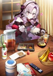 Rule 34 | 1girl, apple, banana, bare shoulders, basket, blush, bow hairband, bowl, chocolate, chopsticks, copyright request, dress, drill hair, eating, food, fruit, gloves, hairband, holding, holding bowl, holding chopsticks, hyakumantenbara salome, hyakumantenbara salome (1st costume), indoors, light purple hair, long hair, looking at food, nijisanji, nishizawa, red dress, sitting, smile, solo, soup, strapless, strapless dress, table, upper body, virtual youtuber