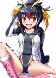 Rule 34 | 10s, 1girl, black hair, blush, boots, collarbone, commentary request, competition swimsuit, gloves, hand on own head, headphones, highres, hood, hood down, hoodie, kemono friends, kneehighs, looking at viewer, multicolored hair, one-piece swimsuit, open mouth, pink footwear, red eyes, rockhopper penguin (kemono friends), short hair, simple background, sitting, smile, socks, solo, swimsuit, tsuchimiya, white background, white socks