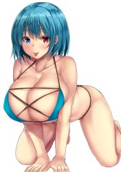 Rule 34 | 1girl, :p, all fours, alternate breast size, bare arms, bare legs, bare shoulders, barefoot, bikini, blue bikini, blue eyes, blue hair, blush, breasts, cleavage, commentary, covered erect nipples, ebi 193, halterneck, heterochromia, huge breasts, looking at viewer, red eyes, short hair, simple background, skindentation, smile, solo, swimsuit, tatara kogasa, thighs, tongue, tongue out, touhou, v arms, white background